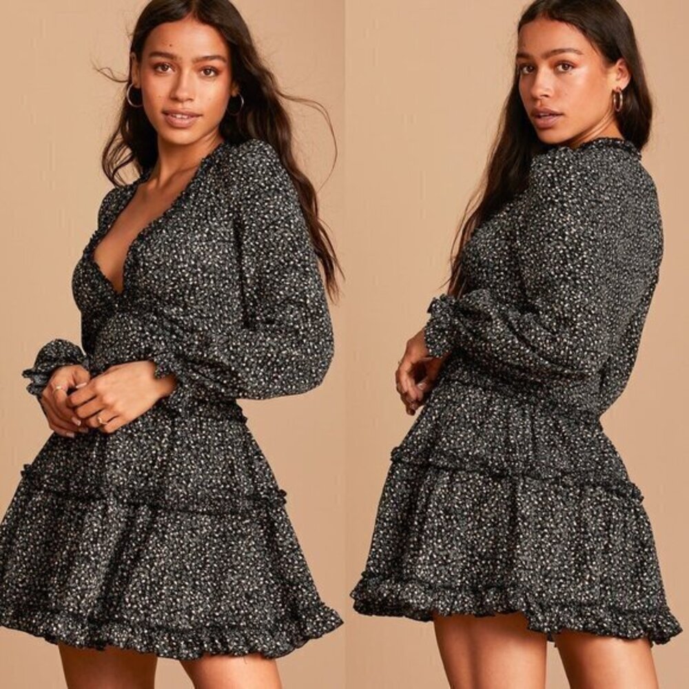 Lulus Admire You Black Floral Print Ruffled Mini Dress Size XS Long Sleeves